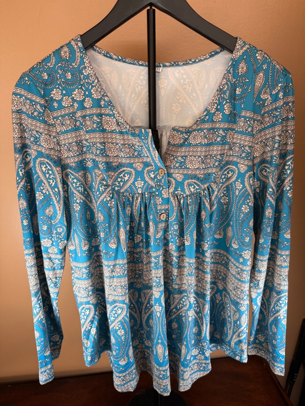 Blue Paisley Long-Sleeve Women's Peasant Top